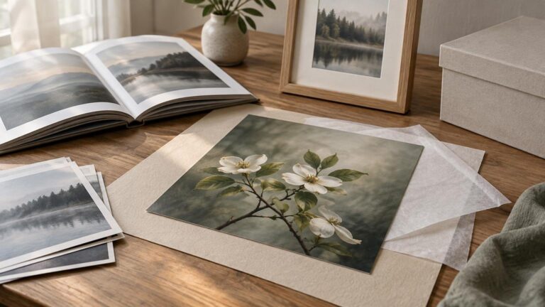 Softly lit tabletop with an open photo book, loose landscape and flower prints, a framed photograph, tissue paper, and a storage box.